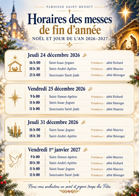 Horaires des messes de fin d'année : Noël et Jour de l'An 2026–2027